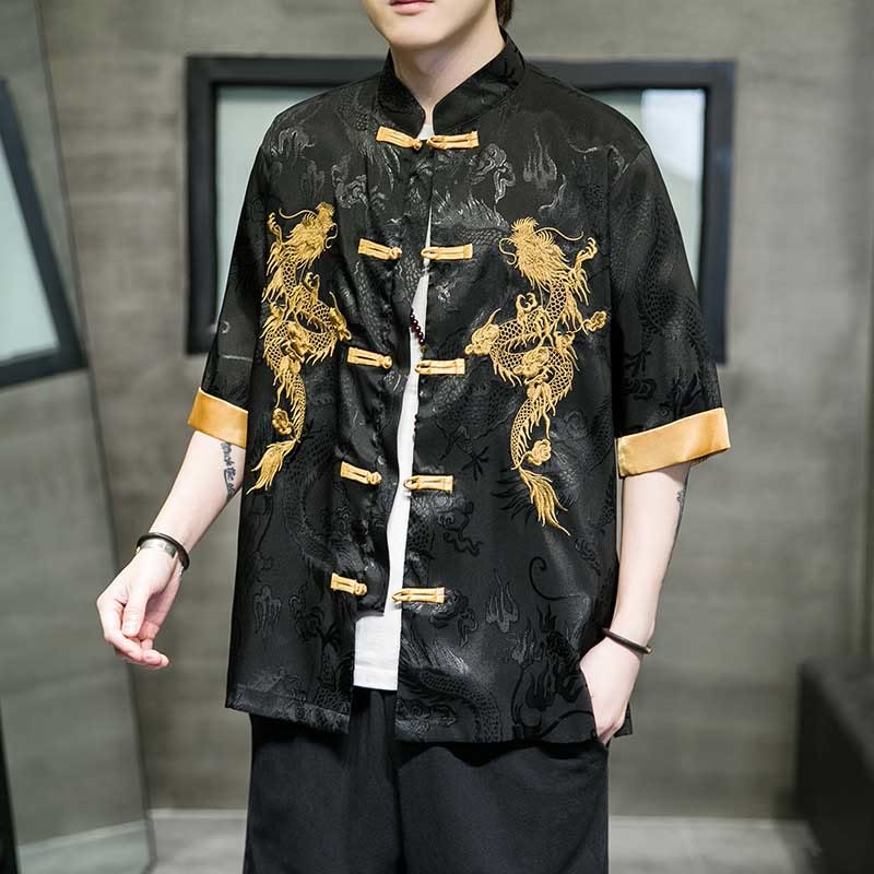 Frog-Button Chinese Dragon Embroidery Half Sleeve Shirt Linen Men Clothing