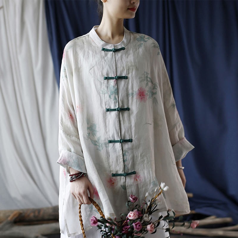 White Red Flowers Green Leaves Frog-Button Long Sleeve Ramie Linen Jacket Shirt