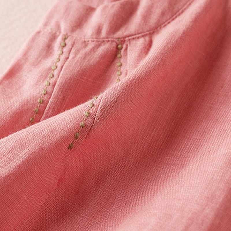 Wild Simple Design Embroidery Drawstring Cotton Linen Women's Shorts With Pockets