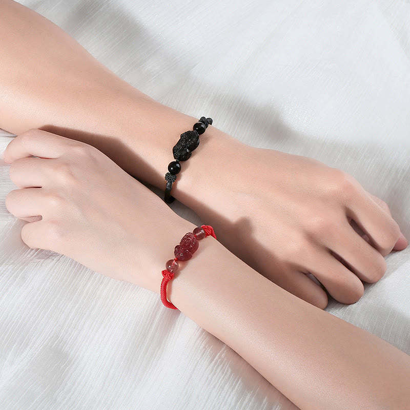 Handmade Natural Silver Sheen Obsidian Strawberry Quartz PiXiu Protection Braided Bracelet