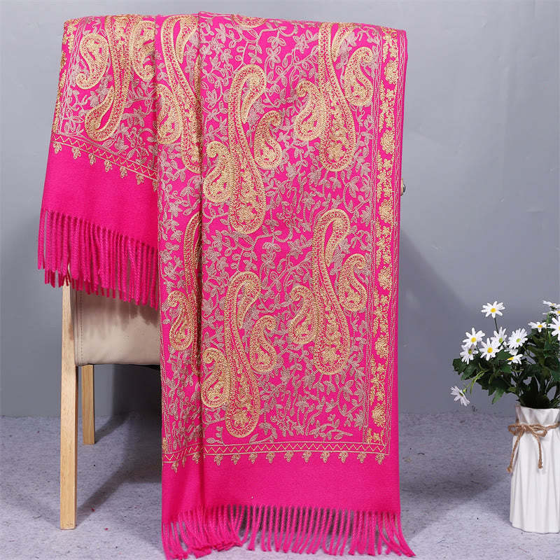 Rayon Fabric Shawl Golden Cashew Flowers Embroidery Tassel Winter Cozy Travel Scarf Wrap