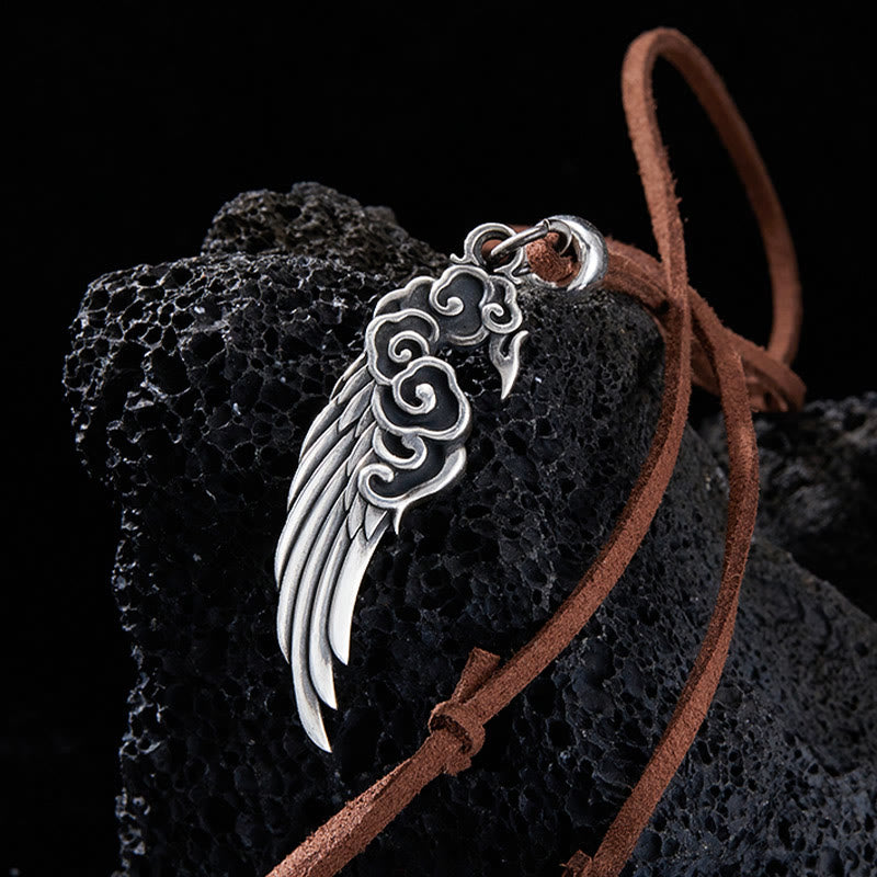925 Sterling Silver Auspicious Clouds Wing Cotton Rope?Deerskin Rope Necklace Pendant