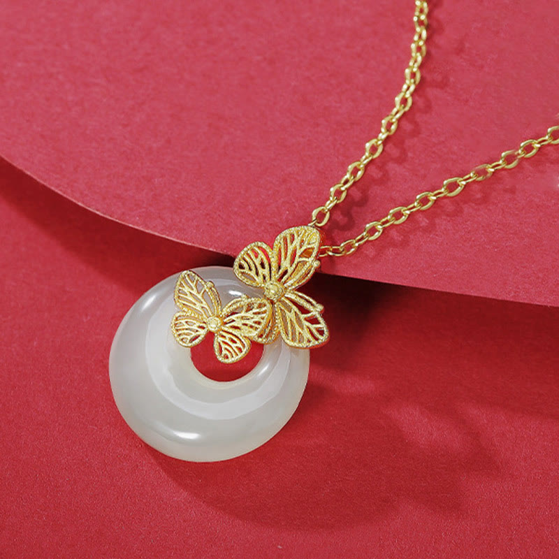 925 Sterling Silver Natural Hetian Jade Butterfly Prosperity Necklace Pendant