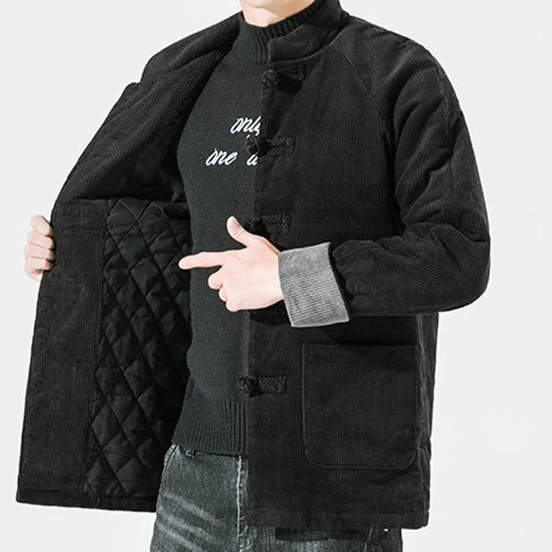 Frog-Button Chinese Tang Suit Stand Collar Long Shirt Corduroy Men Cotton Jacket Clothing