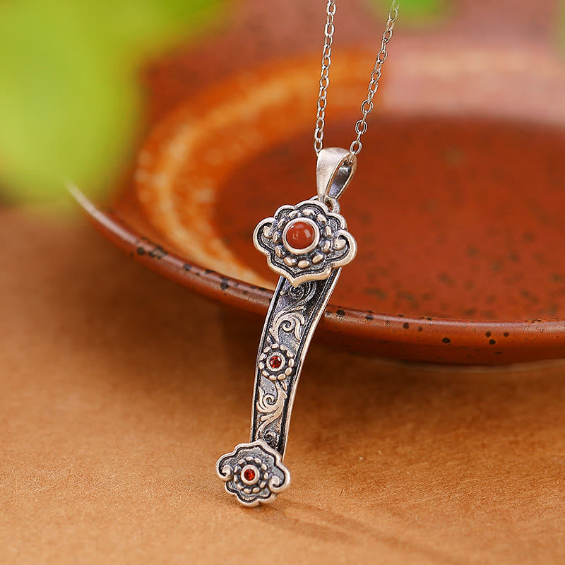 925 Sterling Silver Red Agate Cyan Jade Auspicious Clouds Ruyi Handle Blessing Necklace Pendant