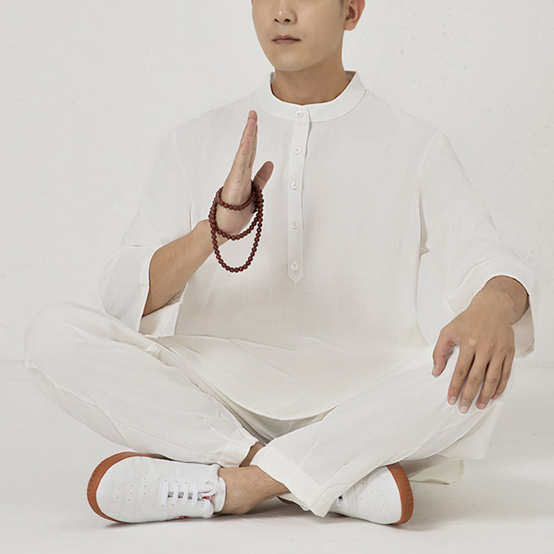 2Pcs Buttons Men's Three Quarter Sleeve Shirt Top Pants Meditation Zen Tai Chi Cotton Linen Clothing Set