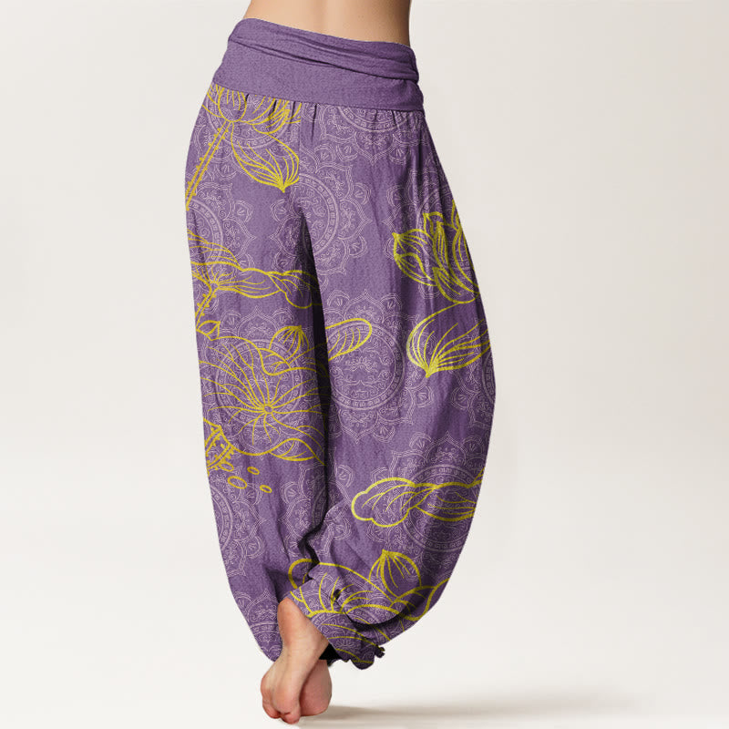 Golden Lotus Mandala Pattern Women's Elastic Waist Harem Pants