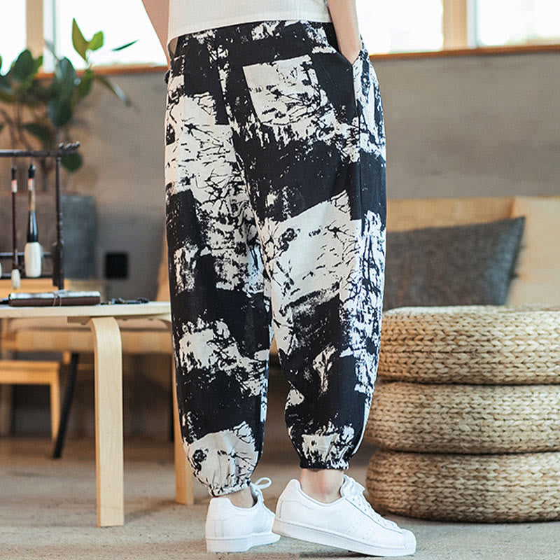 Black White Ink Design Cotton Linen Drawstring Men's Harem Pants With Pockets