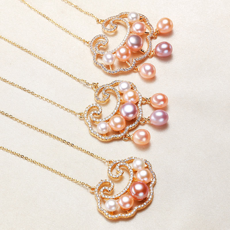 18K Gold Plated Natural Pearl Chinese Lock Charm Sincerity Necklace Pendant