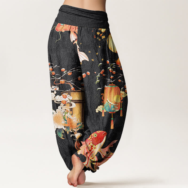 Koi Fish Lanterns Chrysanthemums Fruit Trees Women's Elastic Waist Harem Pants