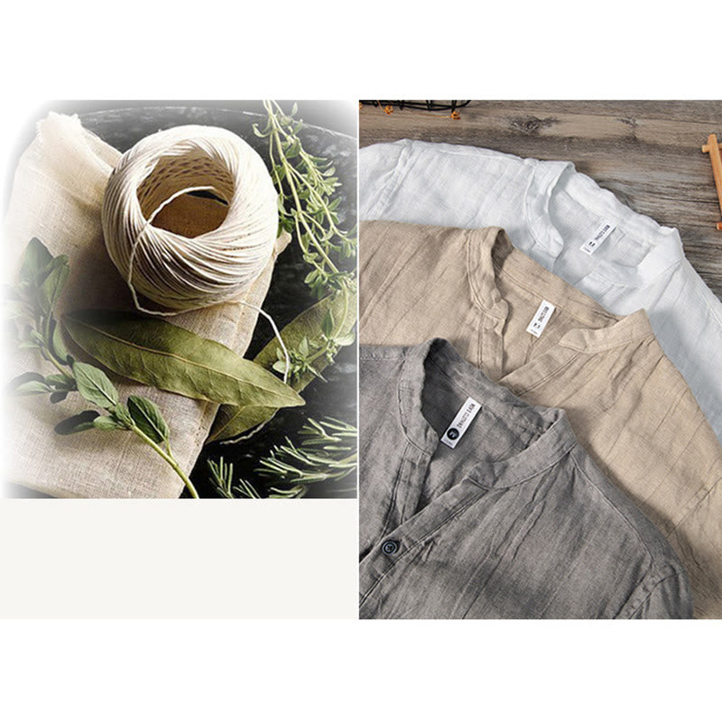 Solid Color Short Sleeve Half Button Shirt Linen Men Clothing