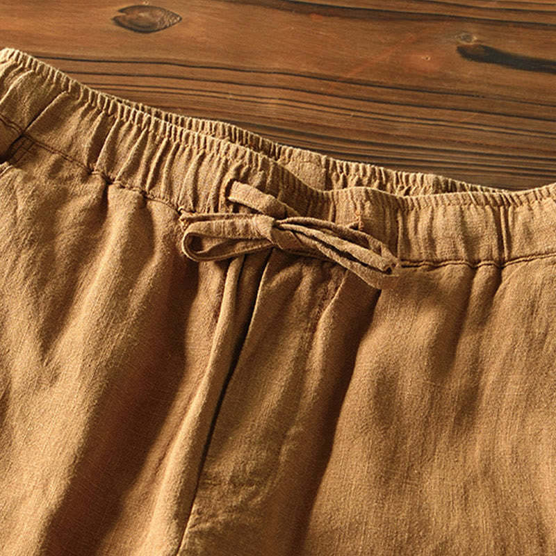 Casual Solid Color Simple Design Drawstring Ramie Linen Men's Pants With Pockets