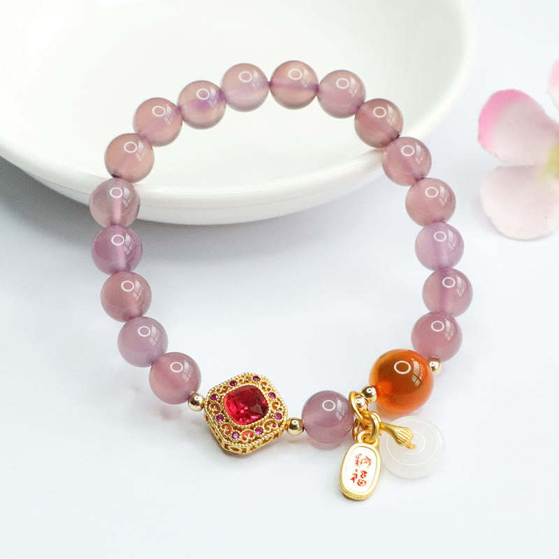 Natural Purple Chalcedony Candy Agate Peace Buckle Harmony Lucky Fortune Charm Bracelet
