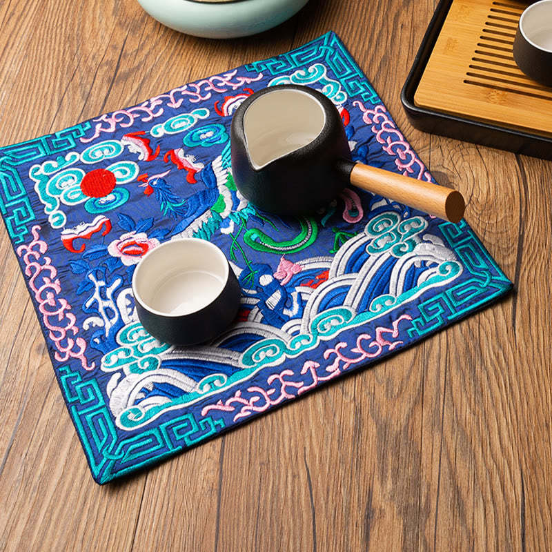 Phoenix Dragon Kirin Embroidery Cup Mat Pad Tea Cup Coaster Kung Fu Tea Mat