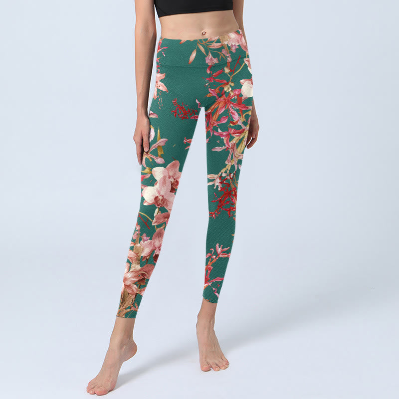 Green Pink Flowers Print Gym Fitness Leggings Women's Yoga Pants