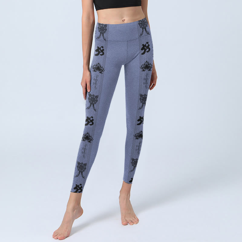 Blue Stitching Sanskrit Word Om Lotus Pattern Print Gym Leggings Women's Yoga Pants