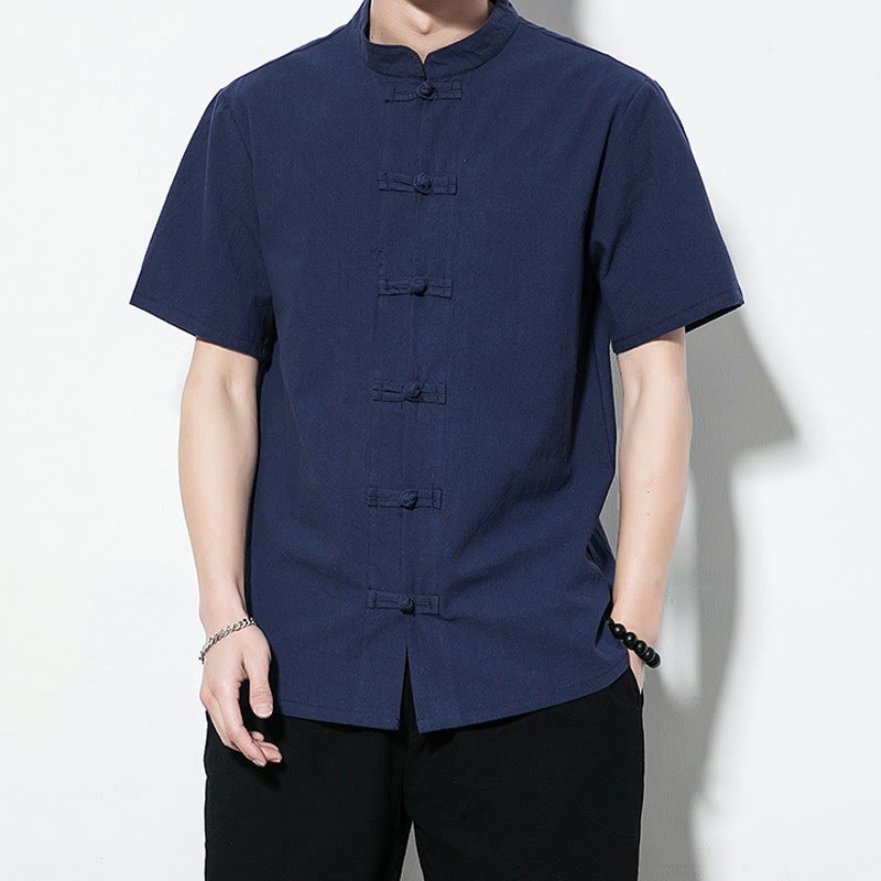 Casual Solid Color Front Frog Buttons Chinese Tang Suit Short Sleeve Linen Men's Shirt