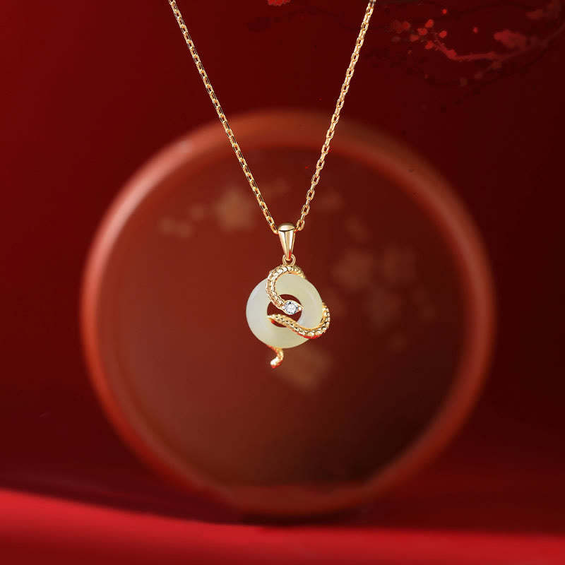 Natural Hetian Jade 925 Sterling Silver Year Of The Snake Peace Buckle Luck Necklace Pendant