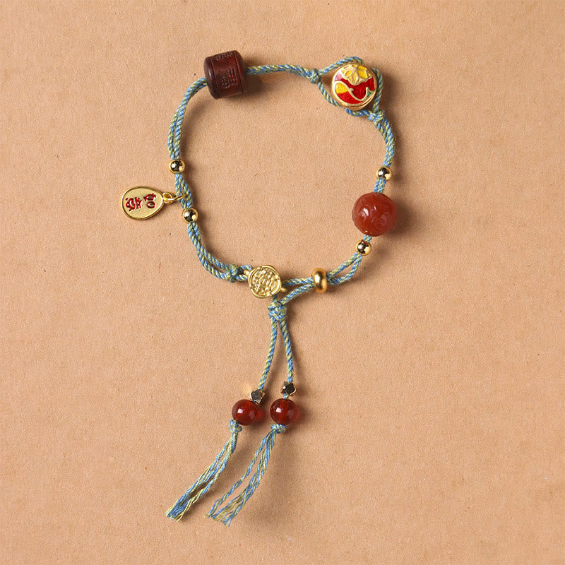 Handmade Auspicious Clouds Hetian Jade Fu Character Luck Fortune Rope Bracelet