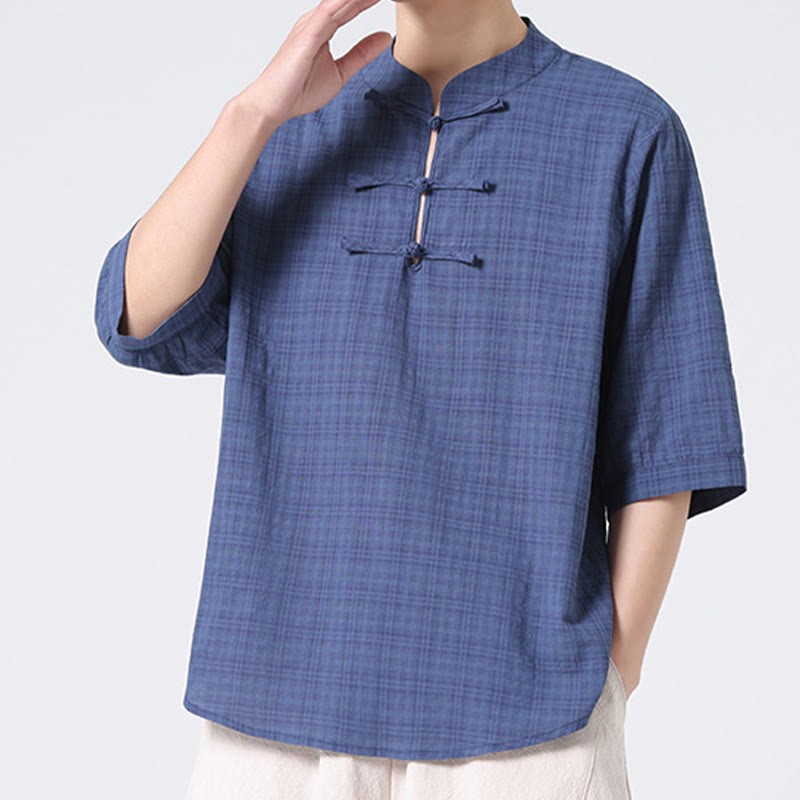 Frog-Button Plaid Pattern Chinese Tang Suit Half Sleeve Shirt Cotton Linen Men Clothing
