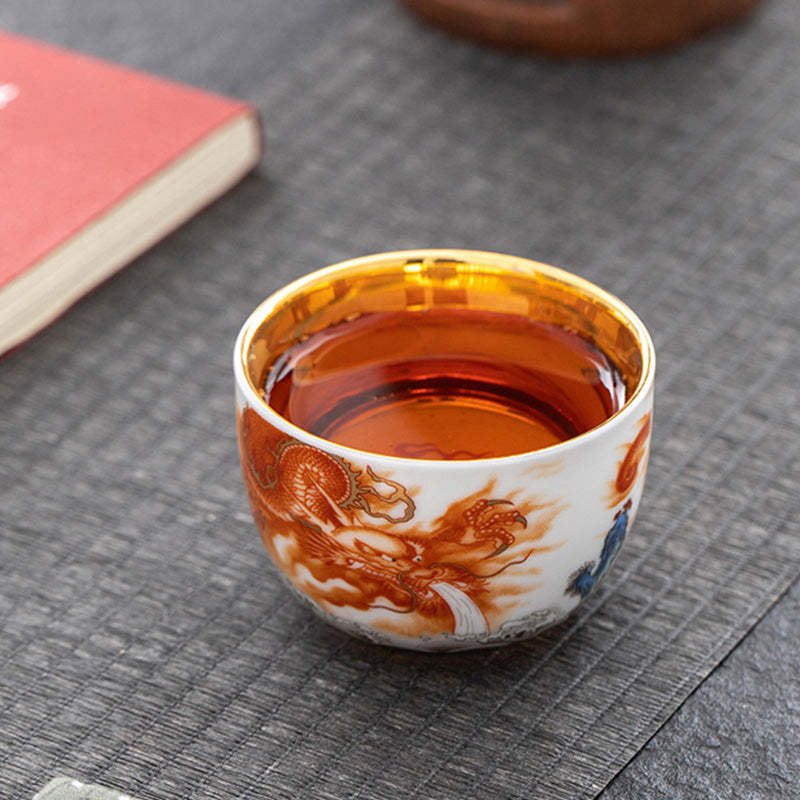 Dragon Phoenix Crane Sun Ocean Waves Gilt Ceramic Teacup Kung Fu Tea Cup 170ml
