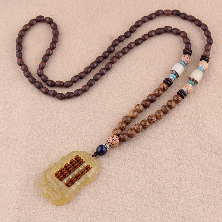Tibetan Wenge Wood Bodhi Seed Agate Balance Peace Necklace Pendant