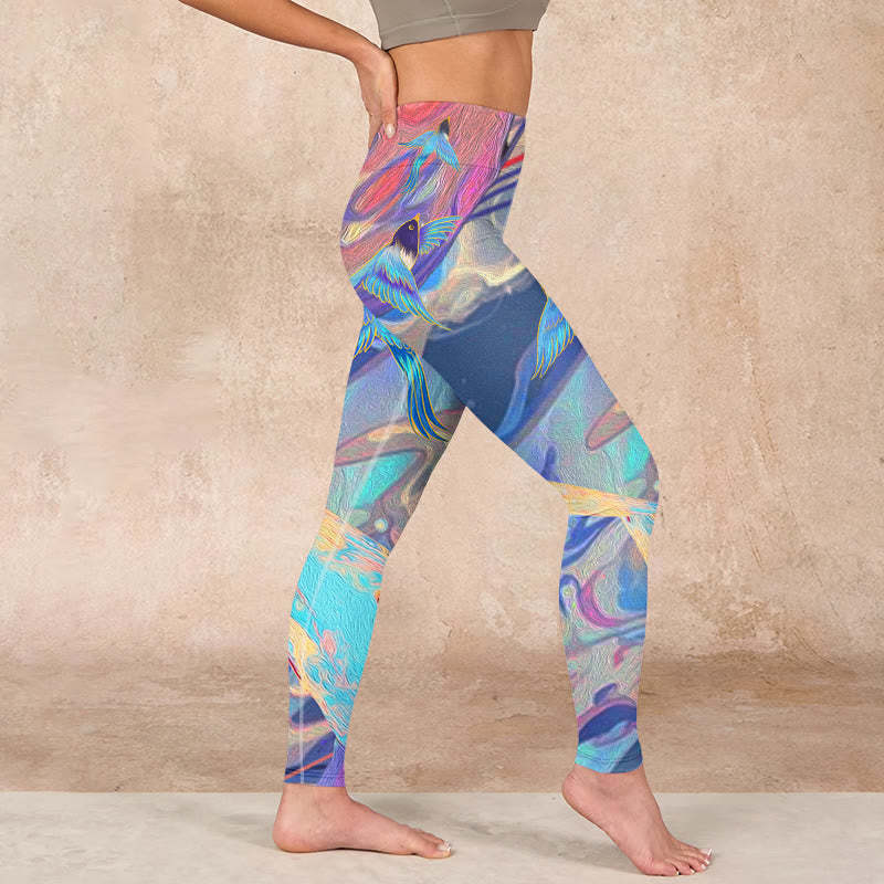 Whales Swallows Waves Print Gym Leggings Women's Yoga Pants