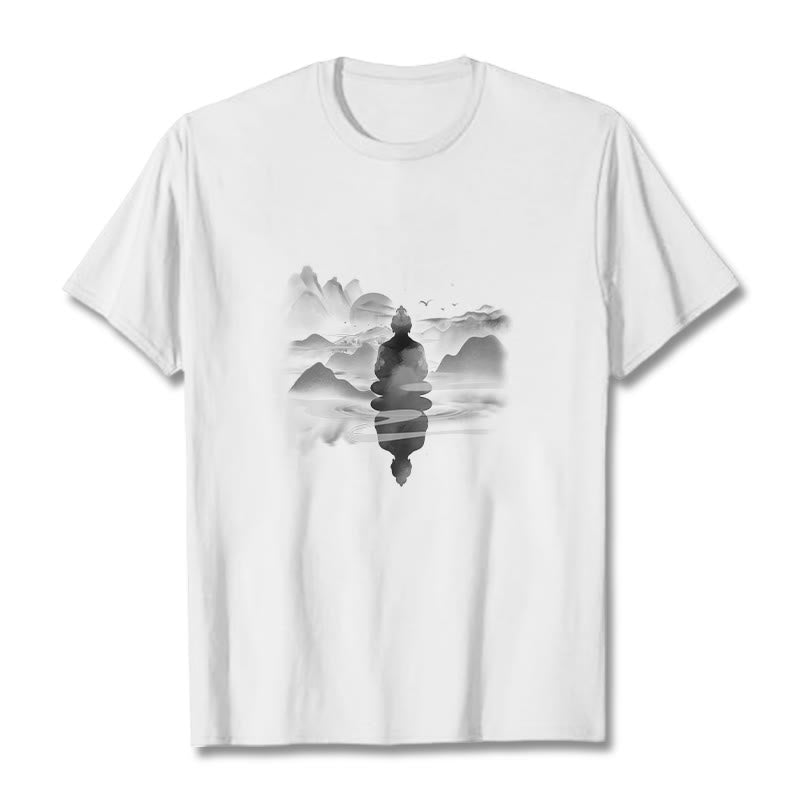 Meditating mystic zen Sitting In Mountains Pattern Cotton Tee T-shirt