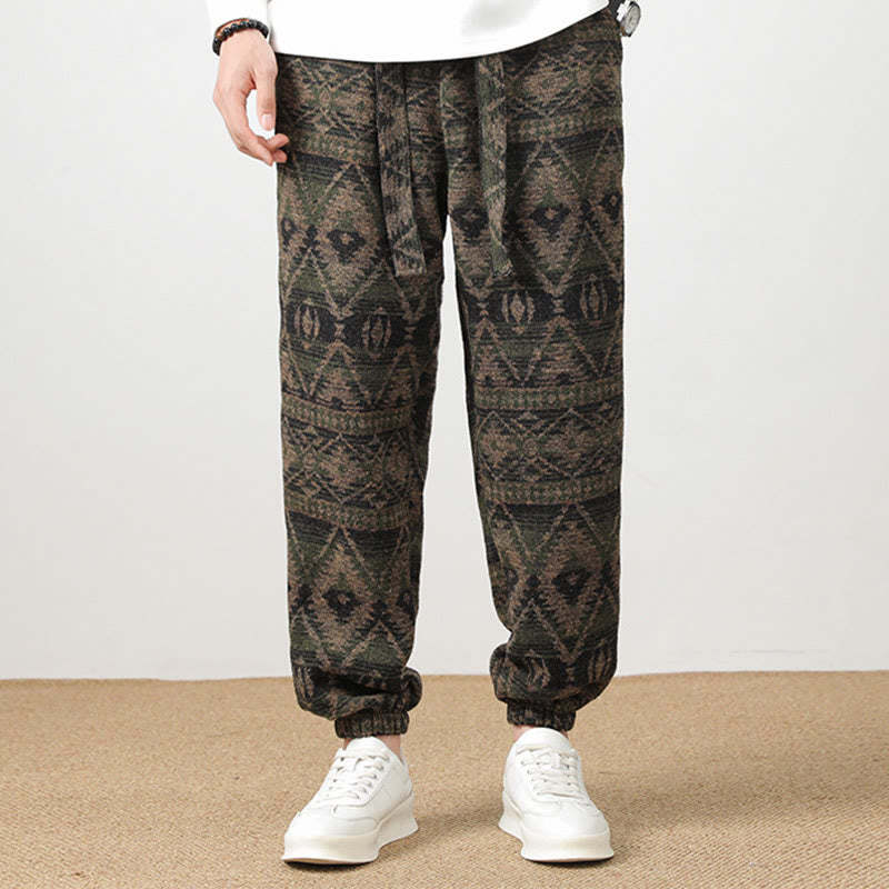 Ethnic Jacquard Knitting Drawstring Men's Pants With Pockets