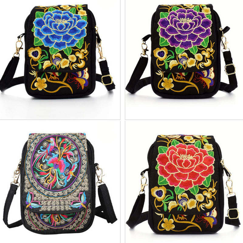Inula Flower Peony Embroidery Canvas Shopping Purse Handbag Crossbody Bag