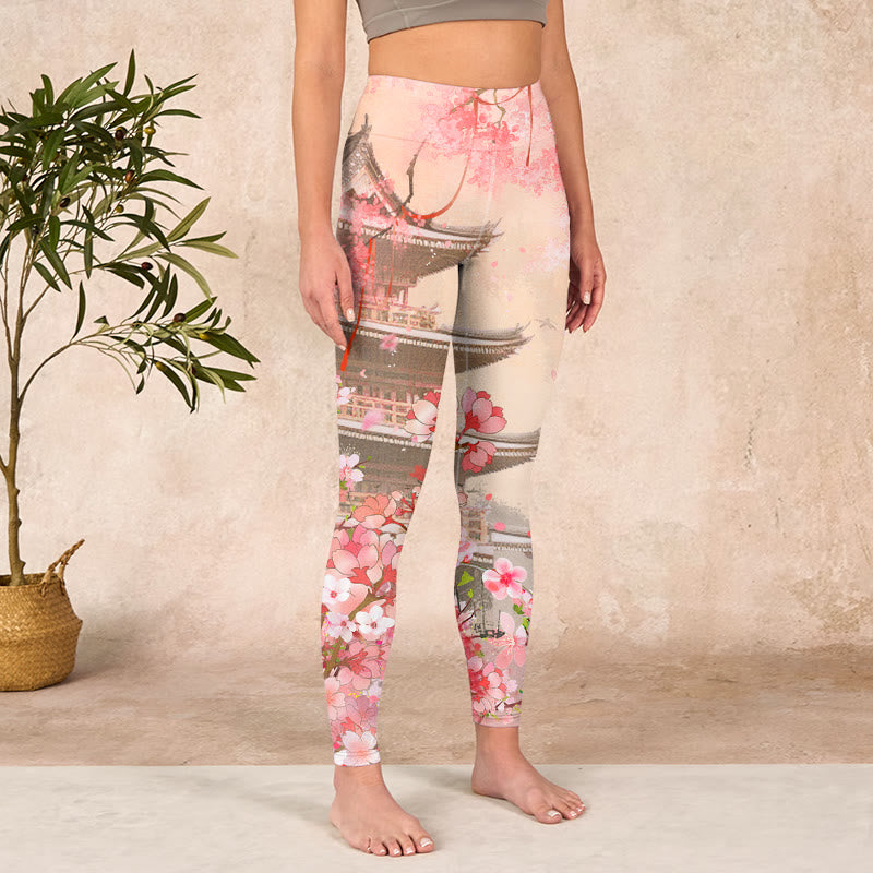 Pink Sakura Antique Building Print Fitness Leggings Women's Yoga Pants