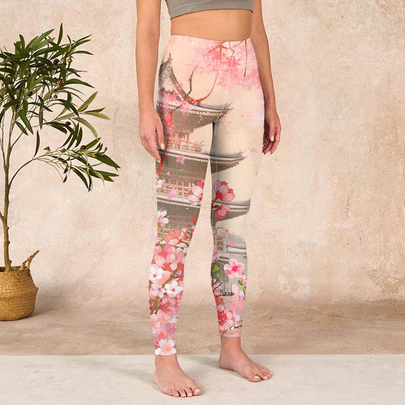 Pink Sakura Antique Building Print Fitness Leggings Women's Yoga Pants