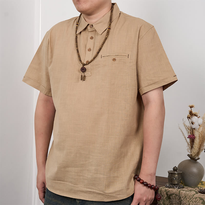 Men's Solid Color Button Short Sleeve Cotton?Linen Polo Shirt