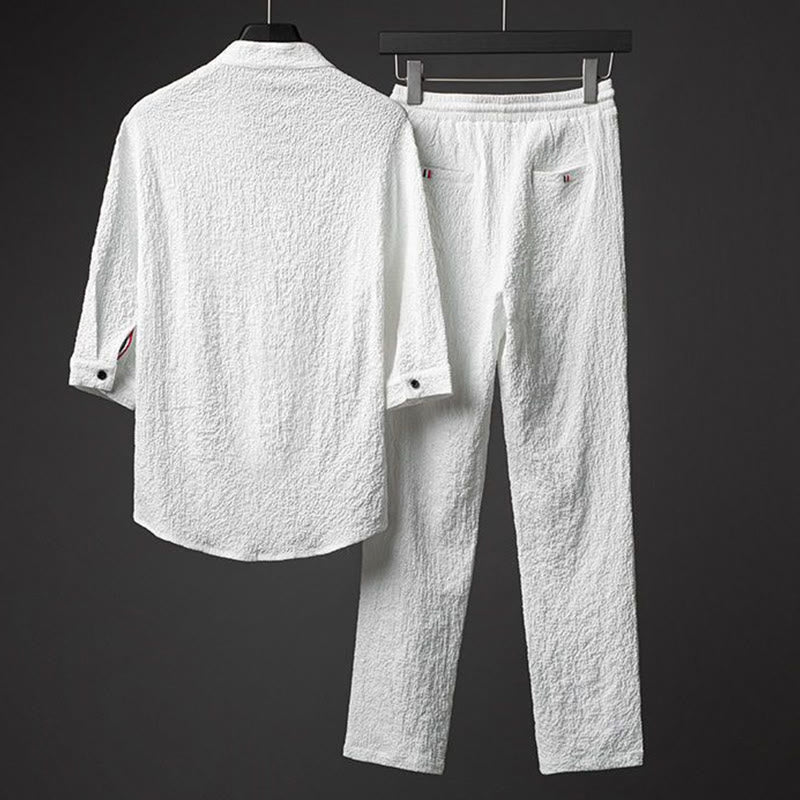 2Pcs Solid Color Texture Button Half Sleeve Shirt Pants Men's Set