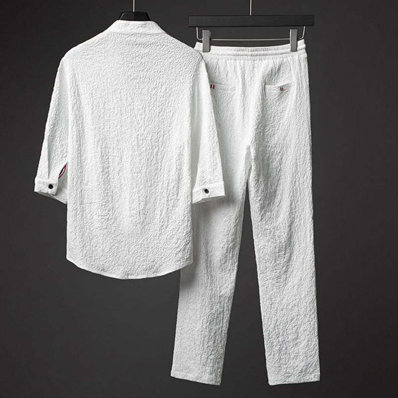 2Pcs Solid Color Texture Button Half Sleeve Shirt Pants Men's Set