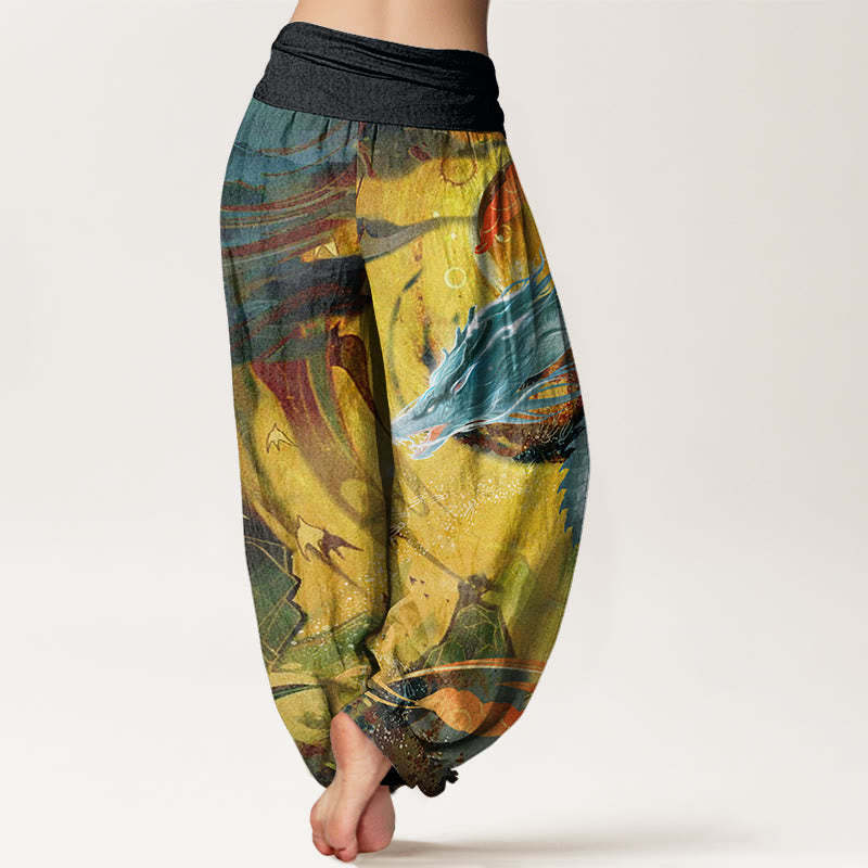 Dragon Auspicious Clouds Pattern Women's Elastic Waist Harem Pants