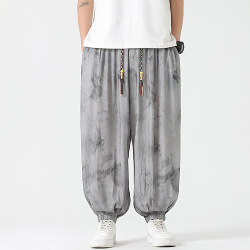 Flower Sketch Braided Drawstring Linen Men's  Pants With Pockets