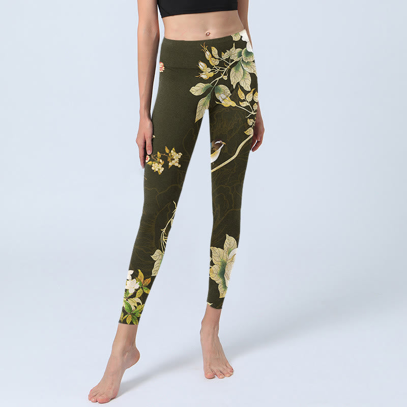 Black Magnolia Flowers Print Gym Leggings Women's Yoga Pants