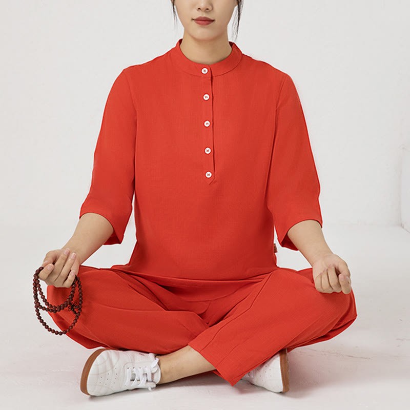 2Pcs Solid Color Three Quarter Shirt Top Pants Meditation Zen Tai Chi Cotton Linen Clothing Women's Set