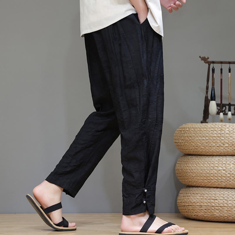 Bamboo Ankle Frog-button Drawstring Men's Pants With Pockets