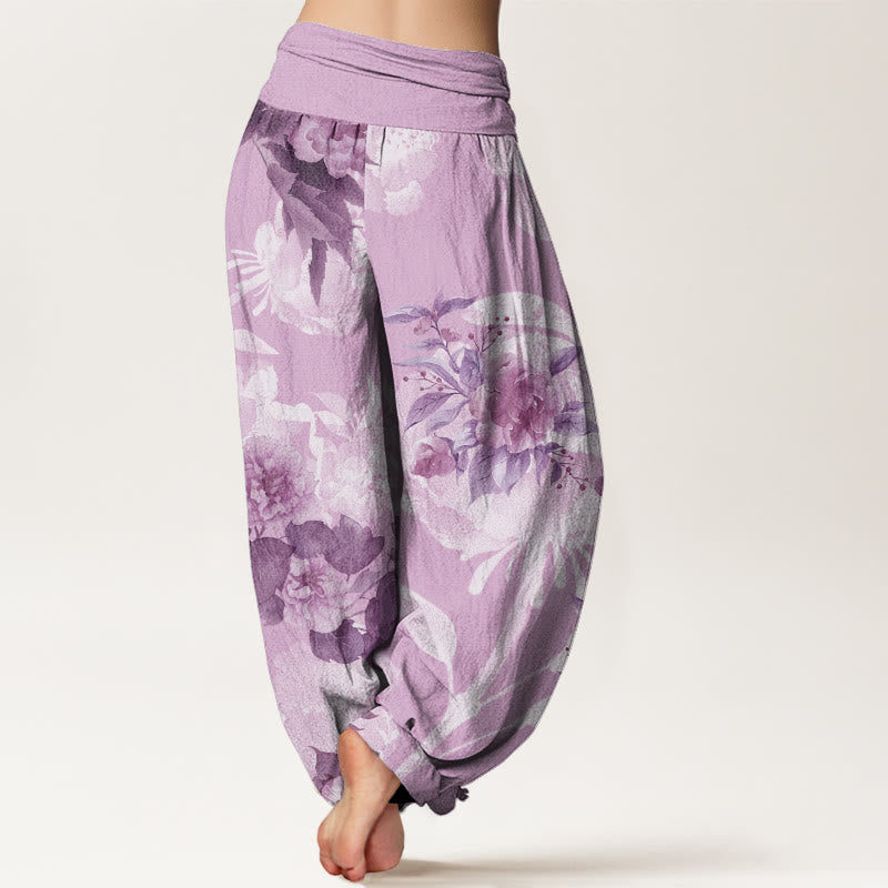 Flowers White Leaves Women's Elastic Waist Harem Pants
