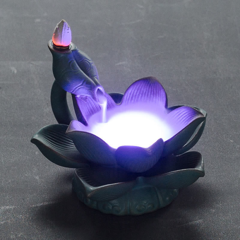 Lotus Flower Leaf Frog Butterfly Pattern Healing Ceramic Incense Burner Decoration