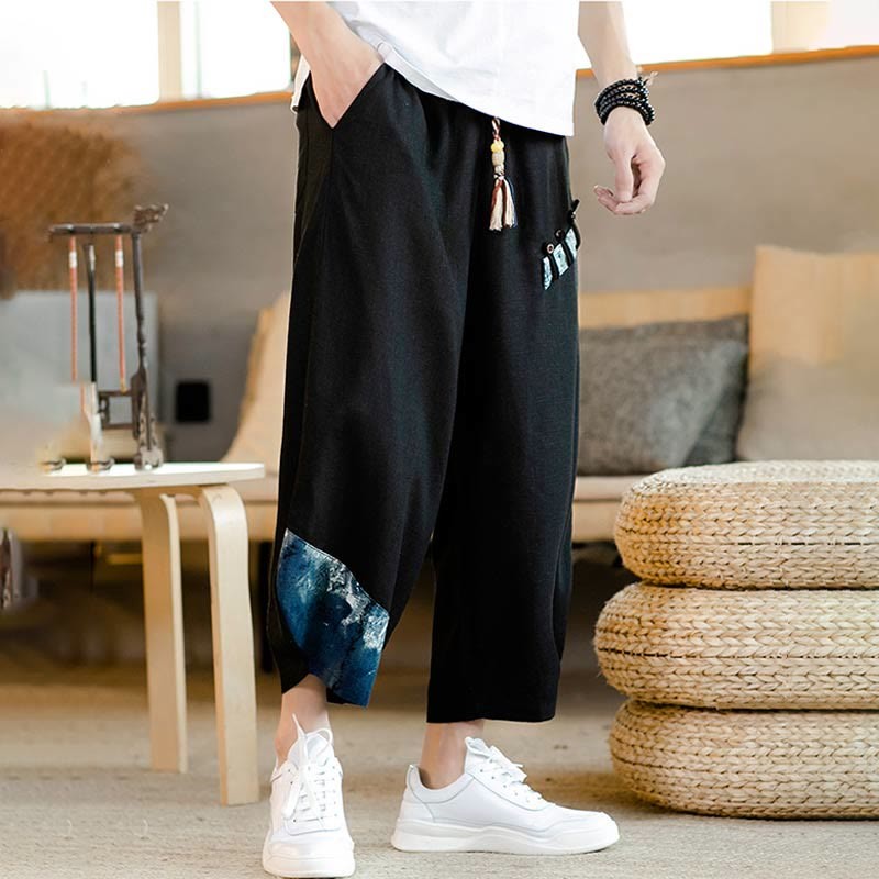 Patchwork Design Drawstring Cotton Men's Cropped Pants With Pockets
