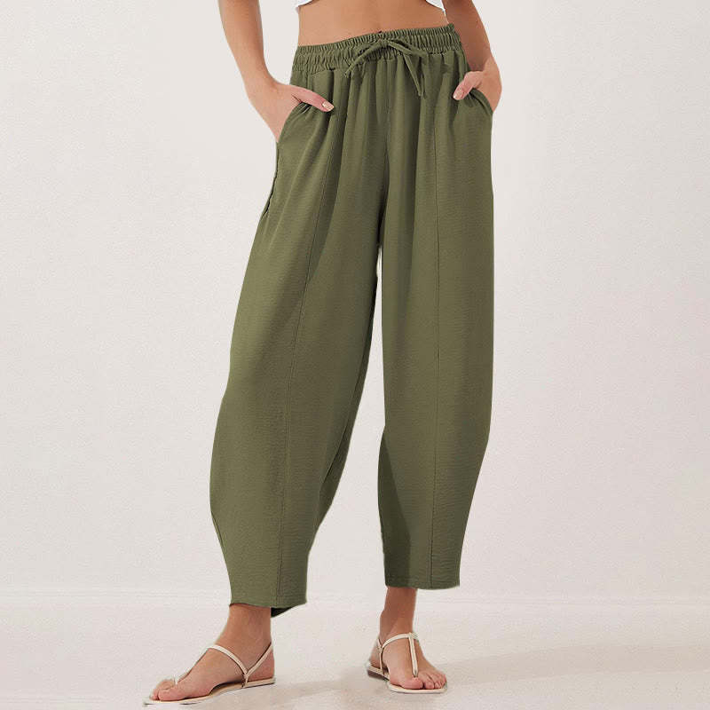 Casual Plain Loose Drawstring Women's Polyester 7/8 Length Pants  With Pockets