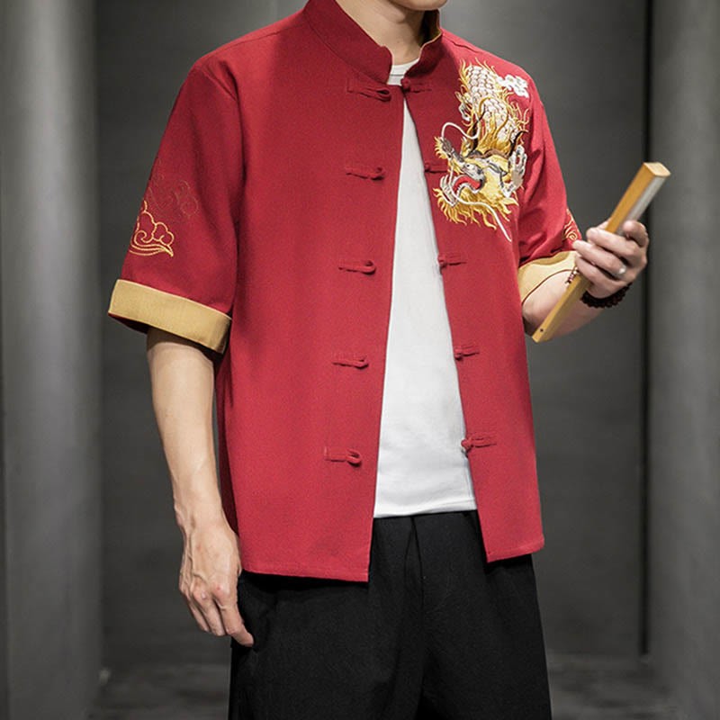 Frog-Button Chinese Dragon Auspicious Cloud Embroidery Half Sleeve Shirt Cotton Linen Men Clothing