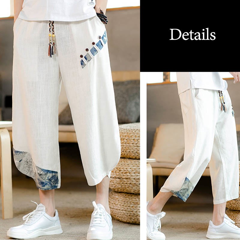 Patchwork Design Drawstring Cotton Men's Cropped Pants With Pockets