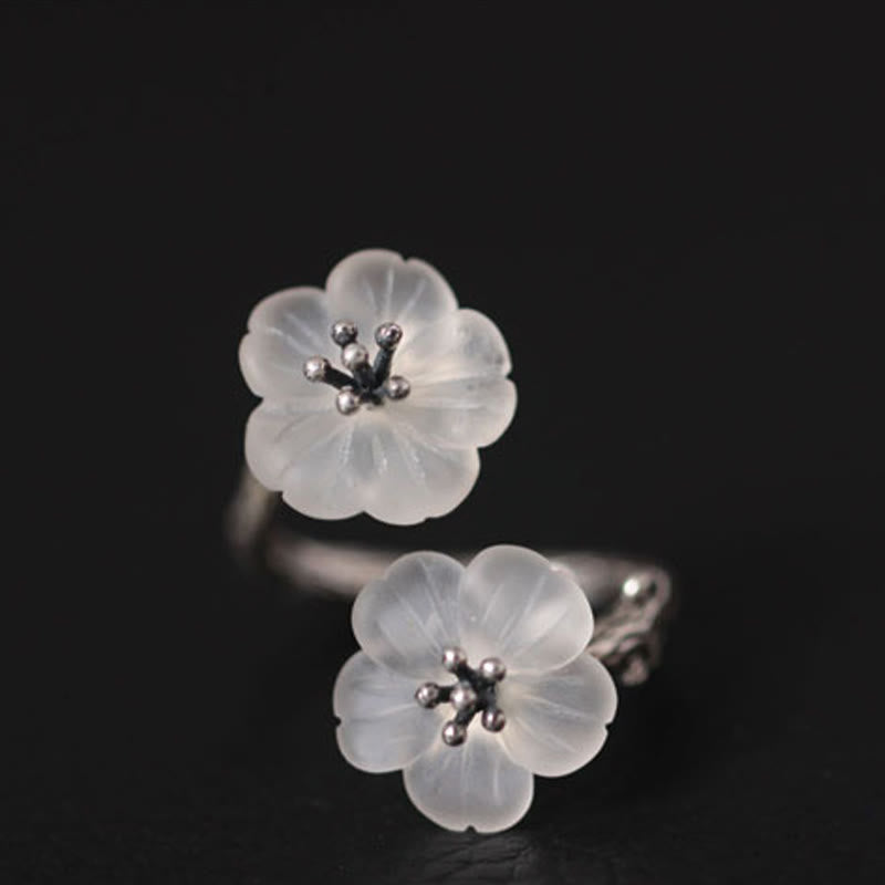 925 Sterling Silver White Crystal Double Plum Blossom Flower Adjustable Protection Ring