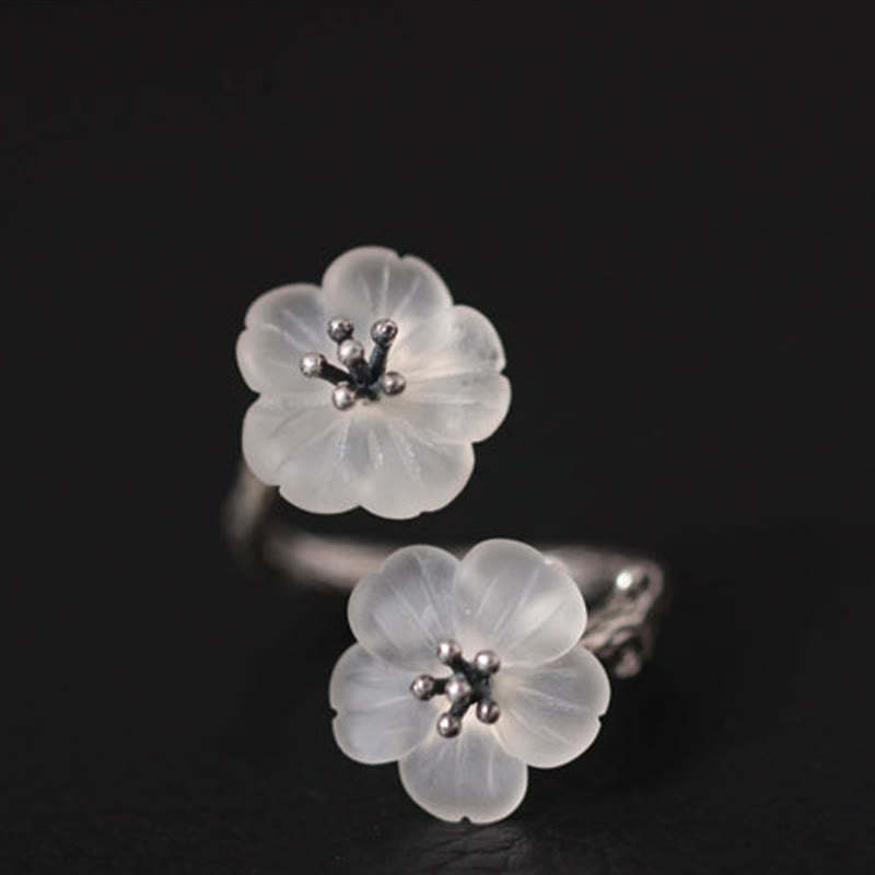 925 Sterling Silver White Crystal Double Plum Blossom Flower Adjustable Protection Ring