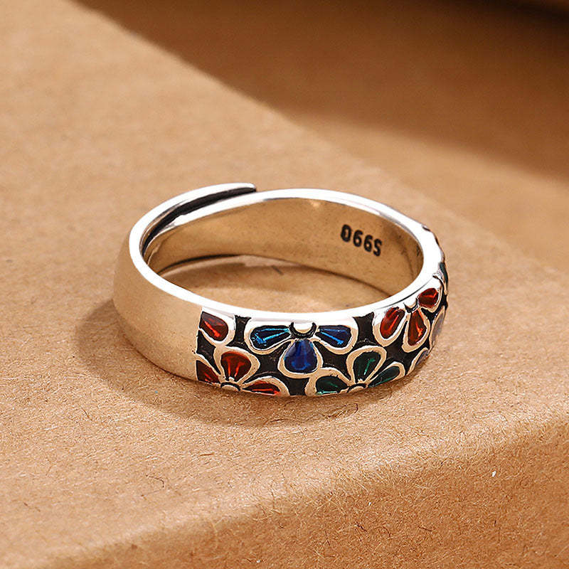 Colorful Plum Blossoms Design Healing Copper Adjustable Ring