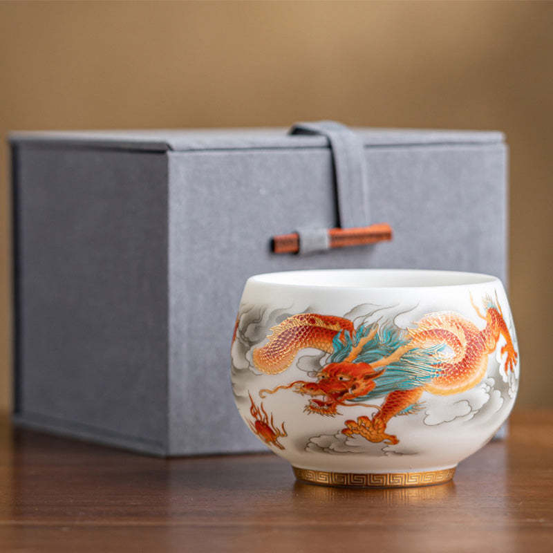 Dragon Phoenix Auspicious Clouds Ceramic Teacup Kung Fu Tea Cup With Gift Box